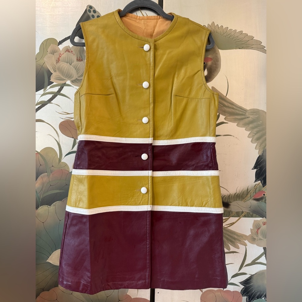 Vintage 1960's Colorblock Leather Mini Dress w/ Button Details Perfect Condition